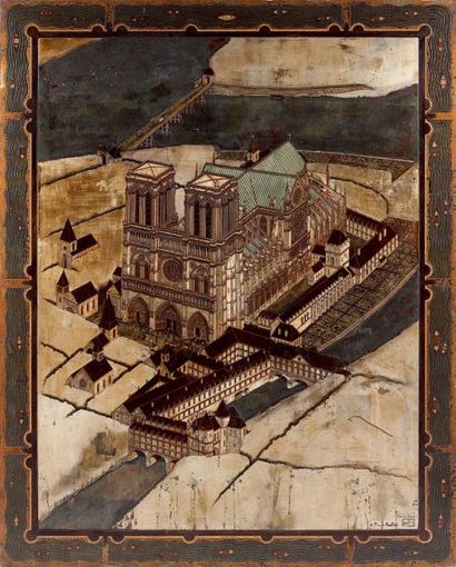 Pierre BOBOT (1902-1975) « Notre Dame vers 1650 », 1954 Panneau en laque brune gravé...