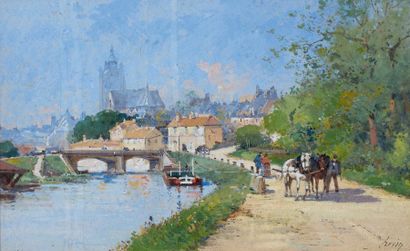 Eugène GALIEN-LALOUE (1854-1941) Attelage bord de rivière Gouache, signée « Lievin...