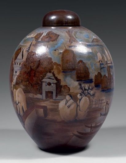 SÈVRES (Manufacture Nationale de) Important vase en grès, forme Rapin avec son couvercle...