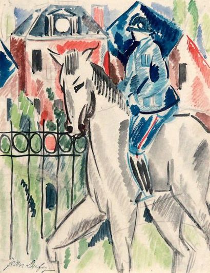 Jean DUFY (1888-1964) Officier à cheval Aquarelle sur traits de crayon, cachet d'atelier...