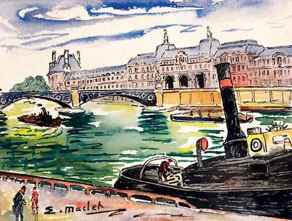 Élisée MACLET (1881-1962) Remorqueur sur la Seine Aquarelle, signée en bas à gauche....