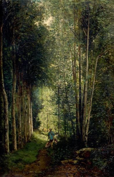 Henri Joseph HARPIGNIES (1819-1916) (attribué à) Chasseur dans l'allée du sous-bois...