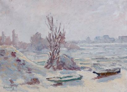 Abel LAUVRAY (1870-1950) La rivière enneigée Huile sur toile, signée en bas à gauche,...