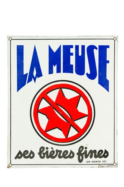 null LA MEUSE ses bières fines.

Émaillerie Japy, vers 1935.

Plaque émaillée rectangulaire...