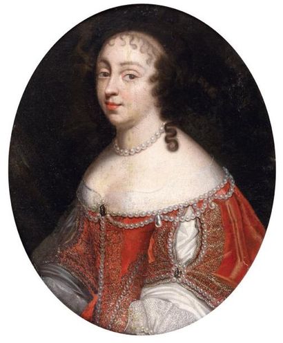 École française vers 1660 Portrait de femme au collier de perles Toile ovale marouflée...