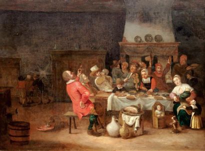 Attribué à Gillis van TILBORGH (1625-1678) La joie des buveurs dans une auberge Panneau...