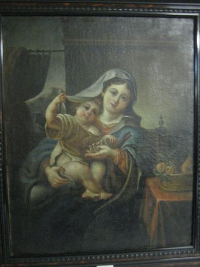 École flamande du XIXe siècle Mère à l'enfant à la grappe de raisin Huile sur toile....
