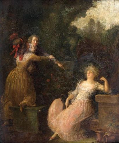 Attribué à Jean-Frederic SCHALL (1752-1825) Scène galante dans un parc Panneau, une...