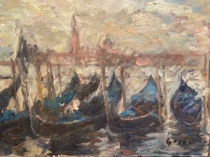  PIERRE GOGOIS (né en 1935) 
Venise, les gondoles 
Huile sur toile. 
Signée en bas...