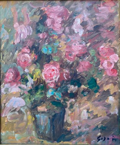  PIERRE GOGOIS (né en 1935) 
Bouquet de rose 
Huile sur panneau. 
Signée en bas à...