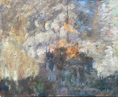  PIERRE GOGOIS (né en 1935) 
Notre-Dame prise par le feu 
Huile sur toile. 
Signée...