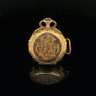 null Yellow gold (750‰) NECK WATCH chased with florets and monogrammed, dated May...
