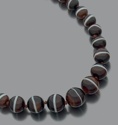 null COLLIER composé de 31 importantes perles d'onyx, en chute. Fermoir métal.
On...