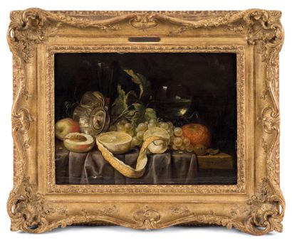 Joris VAN SON (1623-1667) Nature morte au römer, citron et raisin
Panneau de chêne,...
