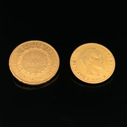 null Two GOLDEN CURRENCY PIECES (900‰) comprising:
- 20FF Genie, III Republic, dated...