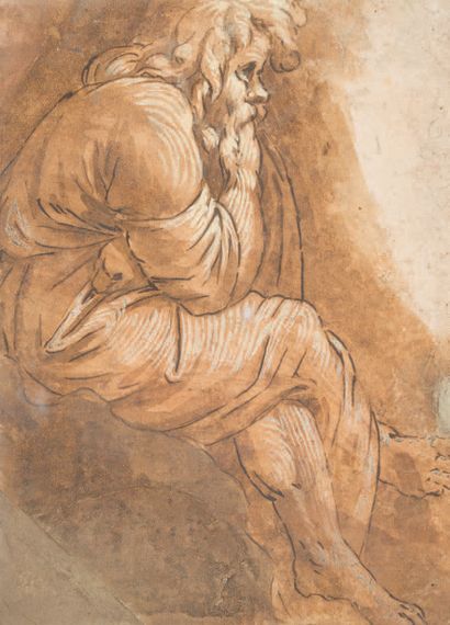 École ITALIENNE du XVIe siècle Étude d'homme assis de profil
Plume et encre brune,...