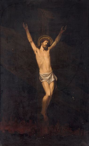 Ecole FRANÇAISE vers 1860 Le Christ en croix
Sur sa toile d'origine.
(Accident, manques...