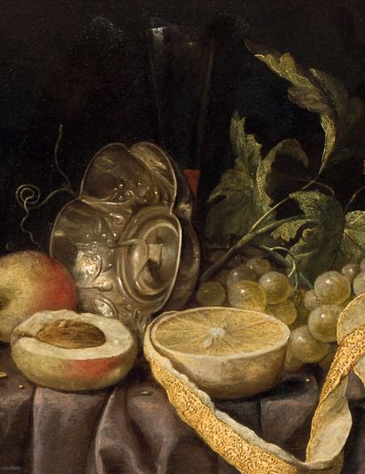 Joris VAN SON (1623-1667) Nature morte au römer, citron et raisin
Panneau de chêne,...