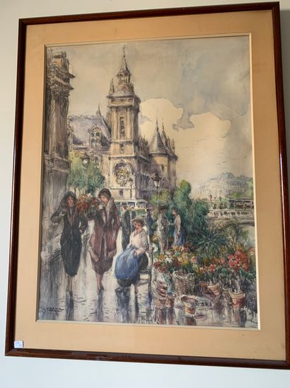 null Gaston CORNIL (1883) 

Rue en Normandie, marché aux fleurs.

Deux aquarelles...