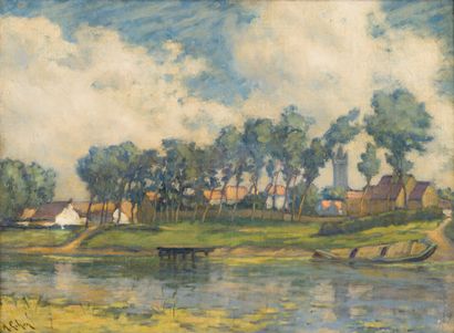 null Albert Dakain GIHON (1866-1950)

Village au bord du fleuve

Huile sur toile.

Signée...