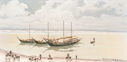  Henri Mège (1904-1984) 
Retour de pêche, dans la lagune, centre Viet-Nam 
Huile...