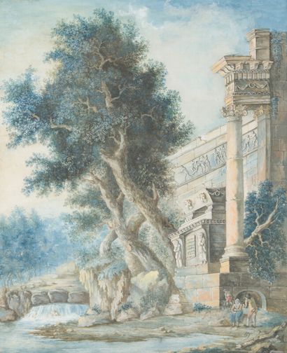  Ecole Française du XVIIIème siècle 
Paysage d'Italie à la cascade et aux ruines...