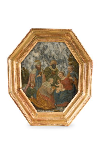  Plaque de marbre peinte représentant L'adoration des Mages. 
Ecole Italienne, fin...