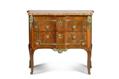  Chest of drawers with a slight overhang in veneer inlaid with flowering branches...