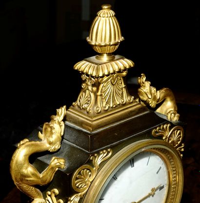 null 
Clock in the shape of an urn in gilded bronze and patinated bronze decorated...