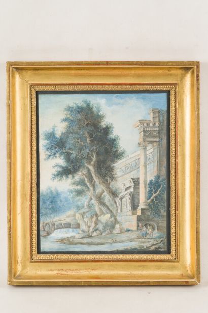  Ecole Française du XVIIIème siècle 
Paysage d'Italie à la cascade et aux ruines...
