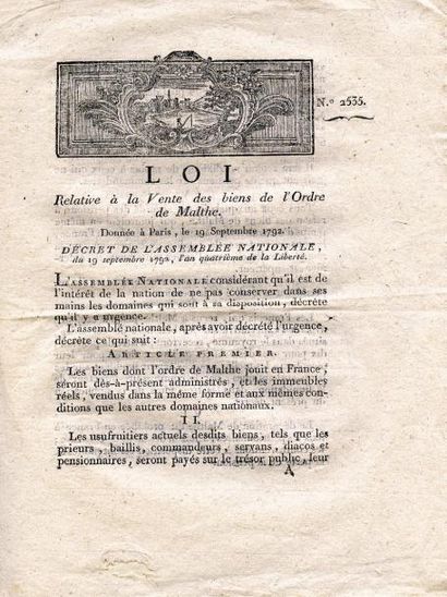 null [ORDRE DE MALTE] - Loi relative à la Vente des biens de l'ordre de Malthe (sic)....