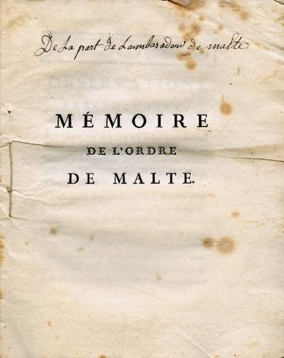 null [ORDRE DE MALTE] - Mémoire de l'Ordre de Malte. Paris, Veuve D'Houry & Debure,...