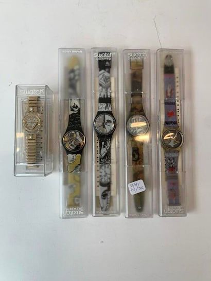 null SWATCH - LOT de 5 montres-bracelet dans leurs étuis d'origine, 4 en plastique...