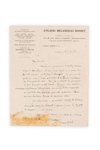 RAVEL Maurice (1875-1937) Autograph letter signed, Levallois, the 16/4/32. 1 p.
in-folio....