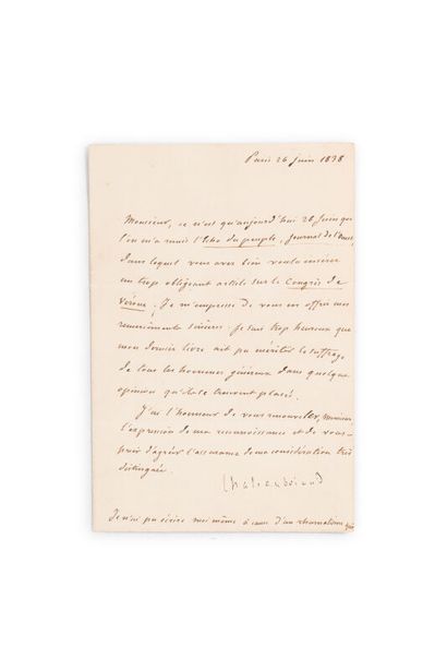 CHATEAUBRIAND François René de (1768-1848) Lettre signée, Paris, 26 juin 1838. 1...