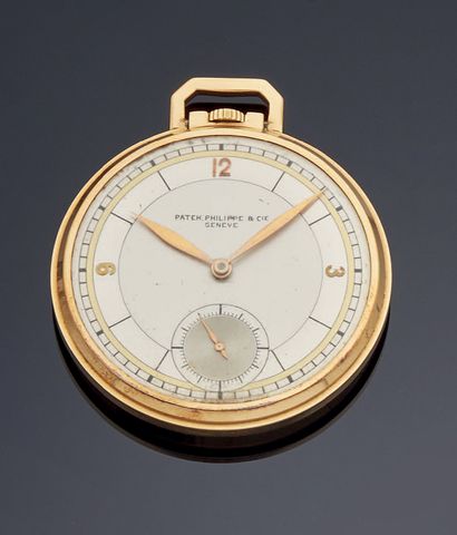 PATEK PHILIPPE Yellow gold (750‰) POCKET WATCH.
Three-tone dial (small stains), Arabic...