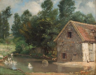 George VINCENT (1796-c. 1831) L'étang aux canards
Huile sur panneau.
Signé en bas...