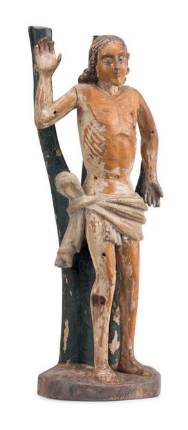 null Saint Sébastien en bois sculpté en rondebosse avec restes de polychromie, yeux...