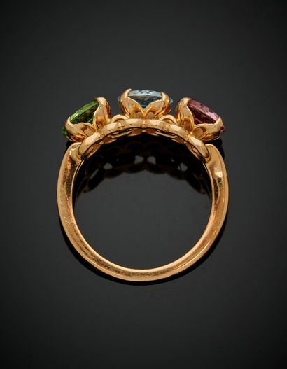 DIOR Yellow gold (750‰) openwork ring set with three round gemstones (peridot, blue...