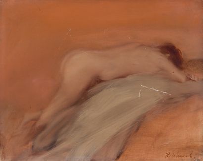 Claude WEISBUCH (1927-2014) Naked woman with a bow
Oil on canvas.
Signed lower right.
(Scratch...