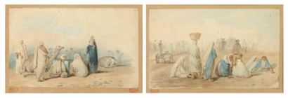 Auguste-François BIARD (1798-1882) Chameliers en Egypte Marché égyptien Paire d'aquarelles,...