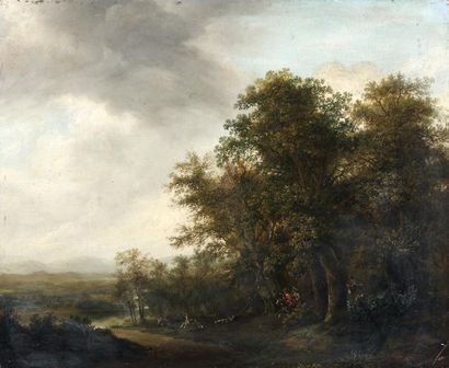 Ecole hollandaise du XVIIe siècle Chasseurs dans un paysage Panneau parqueté. 32...