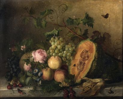 Julie GUYOT (Active au XIXe siècle) Raisins, fleurs et épis de maïs Toile. Signée...