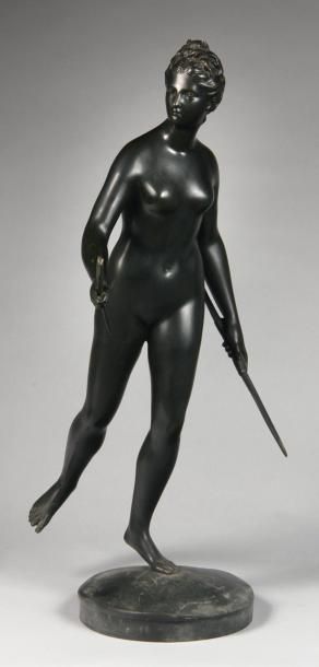 HOUDON d'après Diane chasseresse Epreuve en bronze à patine vert bleuté. XIXe siècle....