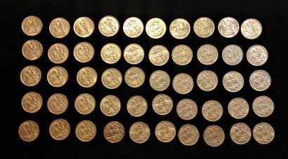 null ROYAUME UNI: lot de 50 pièces de un souverain or 

- deux pièces de un souverain...