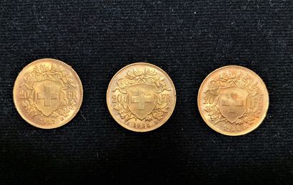 SUISSE : 3 pièces de 20 francs or, Confédération...