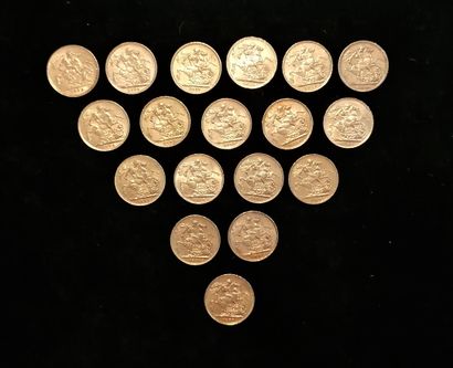 null ROYAUME UNI: lot de 18 pièces de un souverain or 

- deux pièces de un souverain...