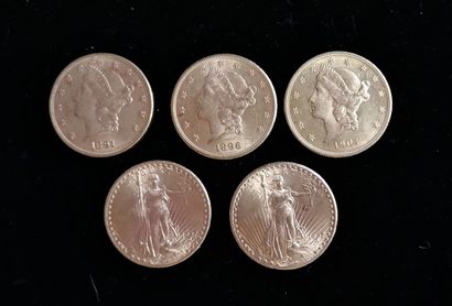 null ETAT-UNIS : 5 pièces de 20 dollars or 

- 1891 

- 1896 

- 1904

- 1927 x2

Poids...
