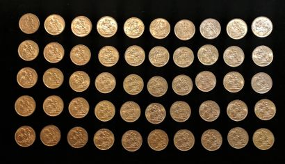 null ROYAUME UNI: lot de 50 pièces de un souverain or 

- trois pièces de un souverain...