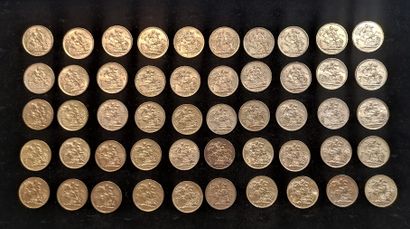 null ROYAUME UNI: lot de 50 pièces de un souverain or 

- cinq pièces de un souverain...